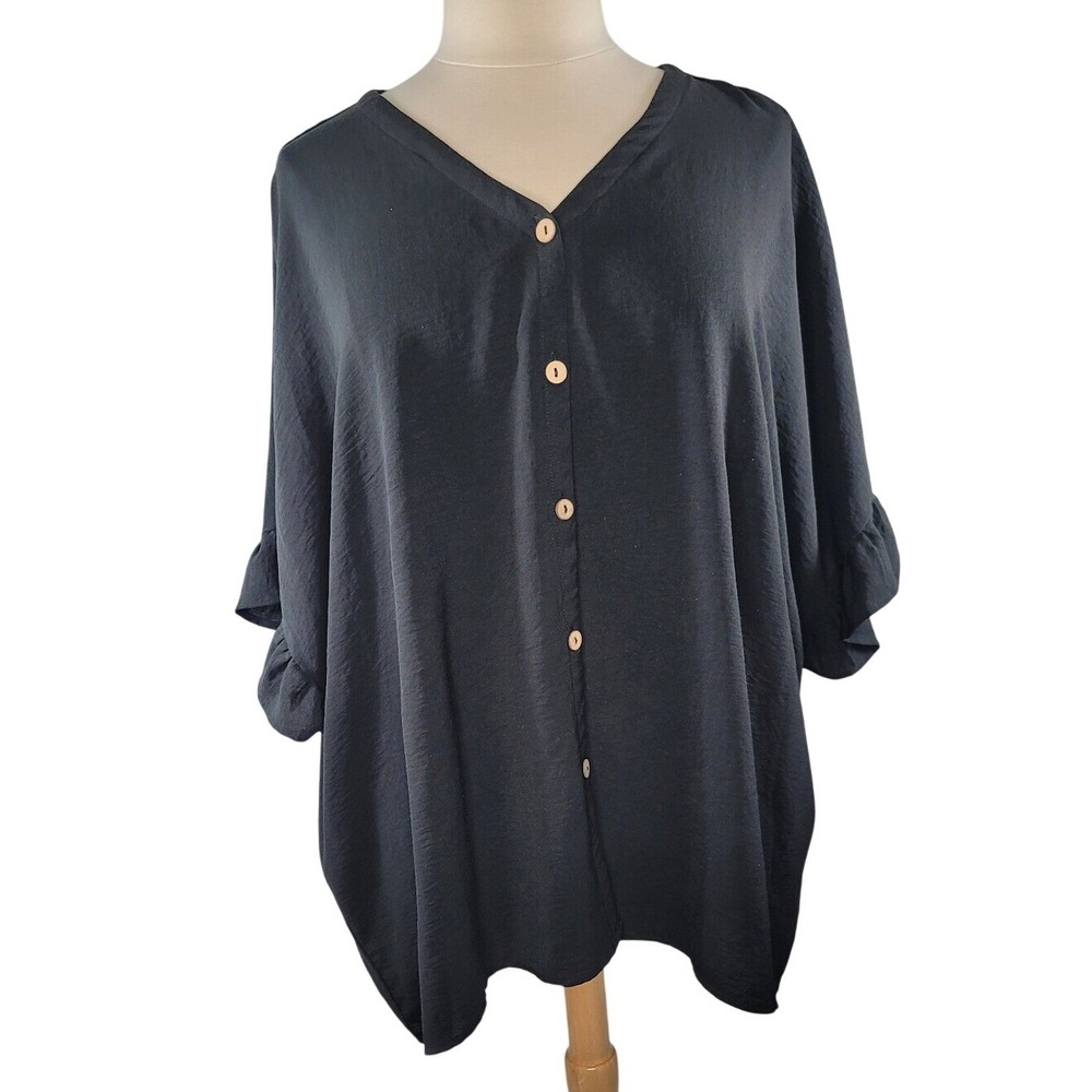 ODDY‎ Relaxed V-Neck Button Front Women's Top - Black